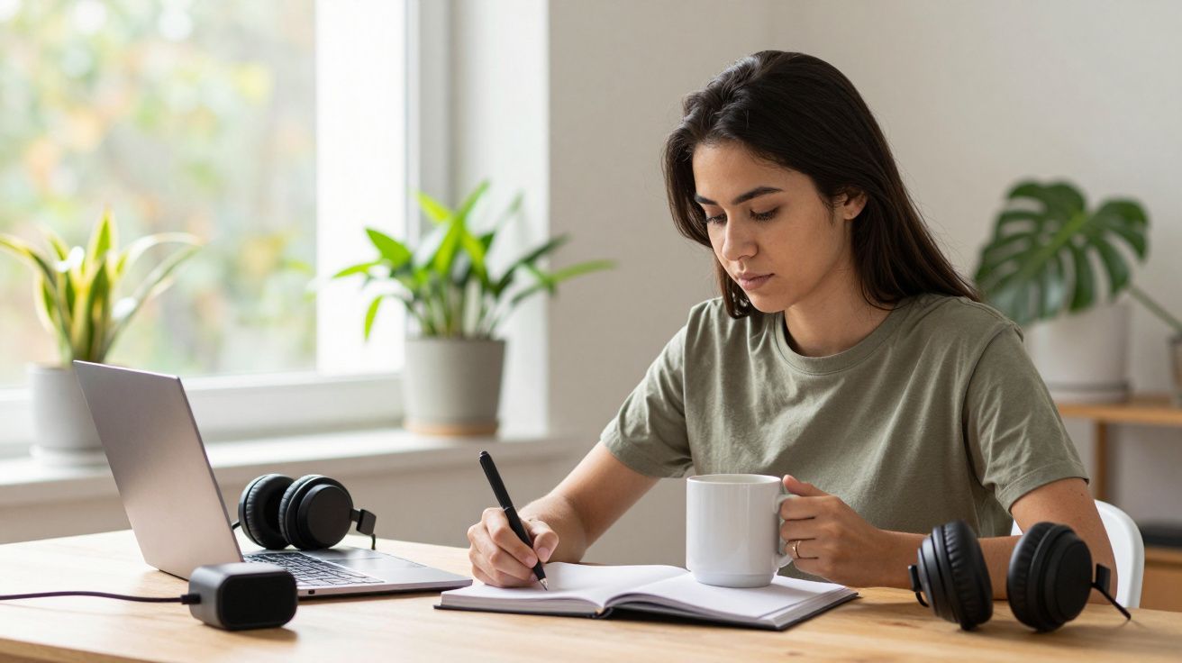 Mulher a escrever num caderno em frente a um portátil, com auscultadores e uma caneca sobre a mesa.