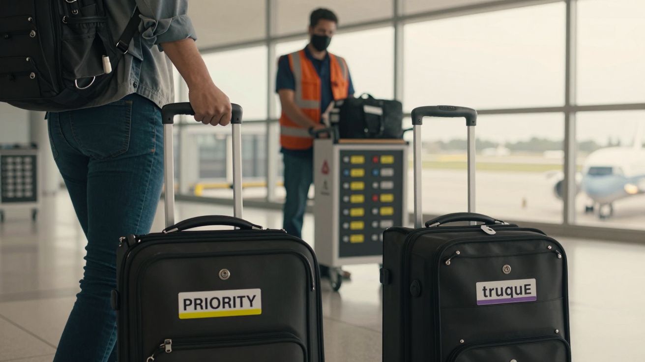Pessoa no aeroporto com duas malas, uma marcada como "PRIORITY", enquanto funcionário empurra carrinho ao fundo.