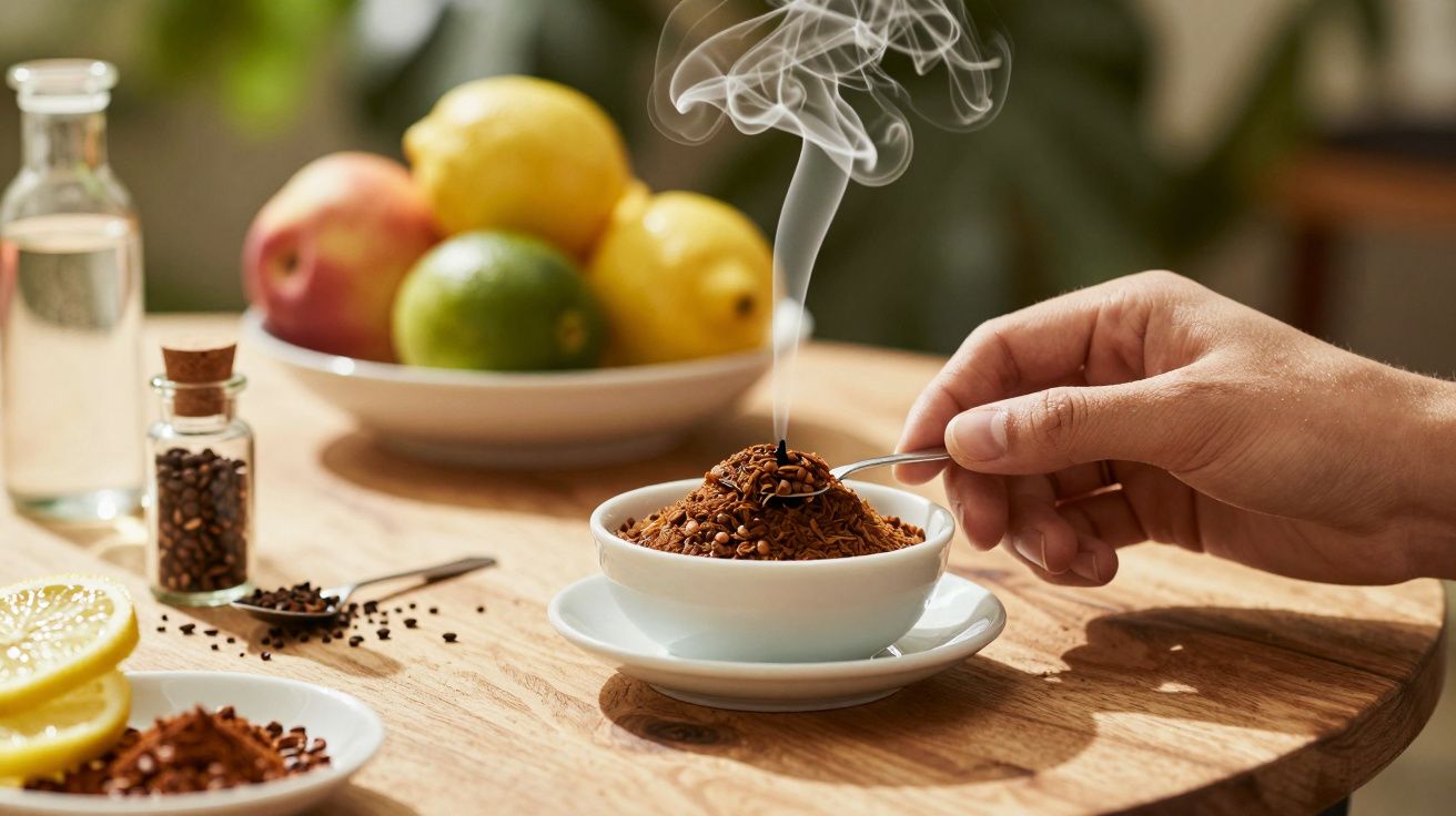 Mão segurando colher sobre taça de especiarias fumegantes, com frutas e especiarias no fundo sobre mesa de madeira.