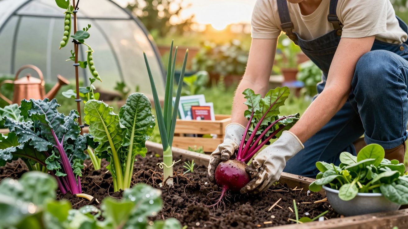 Pessoa a colher beterraba num canteiro de horta, rodeada por várias plantas.