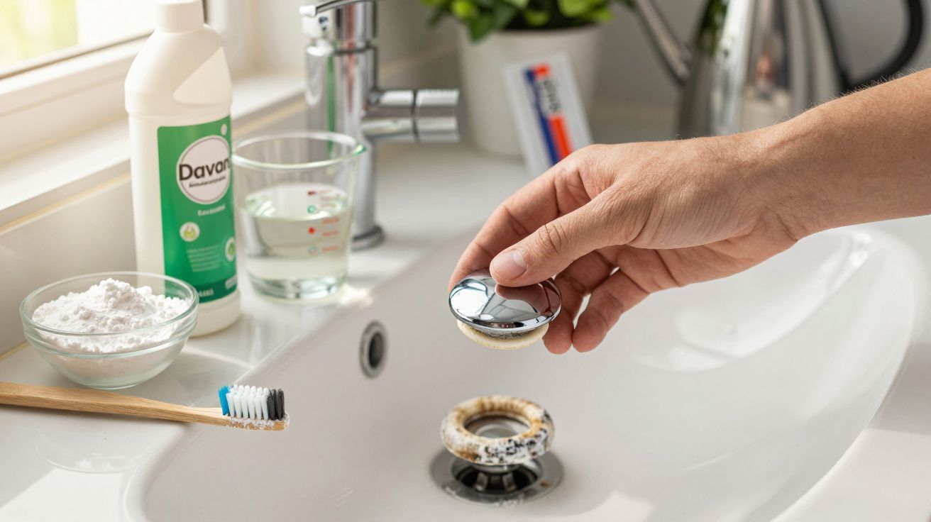 Mão removendo o tampão de uma pia suja, ao lado de produtos de limpeza e escova de dentes, num ambiente de casa de banho.