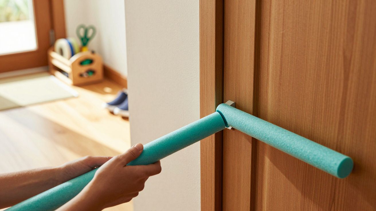 Mãos seguram espuma protetora turquesa numa porta de madeira, perto de uma entrada com luz natural.