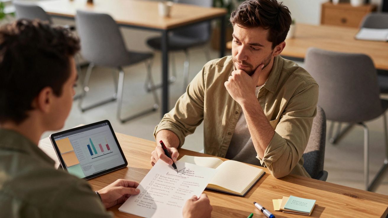 Dois homens discutem documentos e gráficos num escritório, enquanto usam um tablet e um bloco de notas.