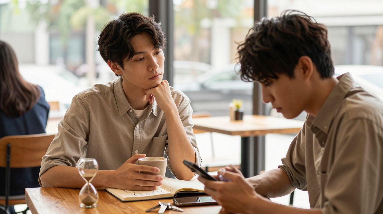 Dois homens sentados num café; um segura um telemóvel e o outro uma chávena, com um caderno aberto e uma ampulheta na mesa.