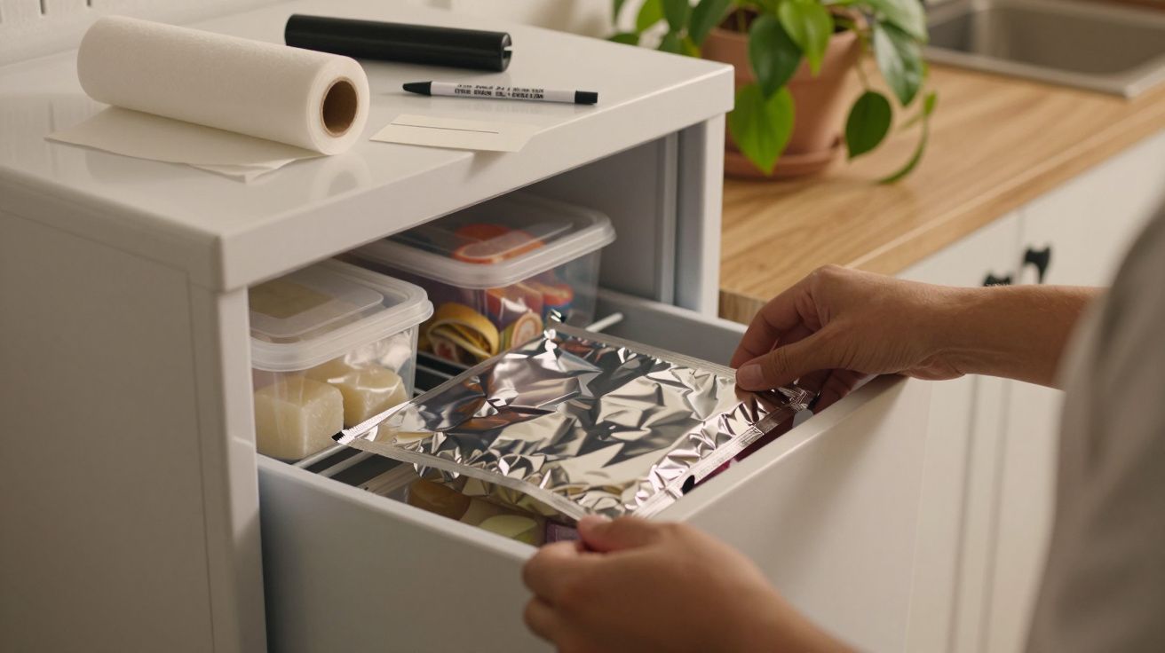 Pessoa a colocar folha de alumínio numa gaveta da cozinha com recipientes plásticos e planta ao fundo.