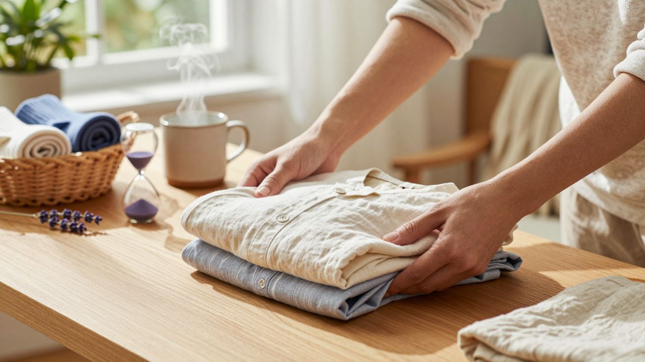 Pessoa dobrando camisas em cima de uma mesa de madeira. Ao lado, cesto com toalhas e chávena fumegante.