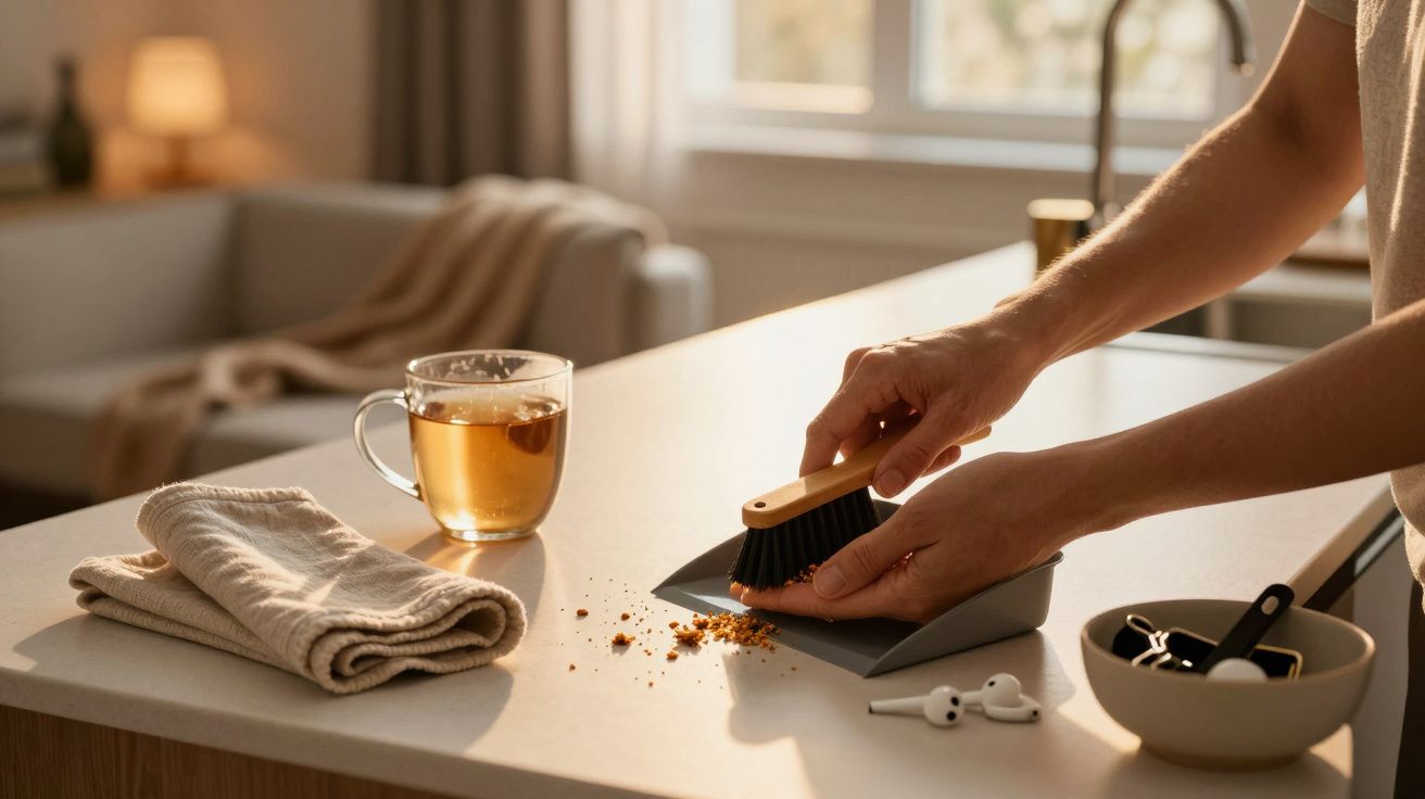 Pessoa a varrer migalhas no balcão de cozinha com escova e pá, ao lado de chávena de chá e toalha dobrada.