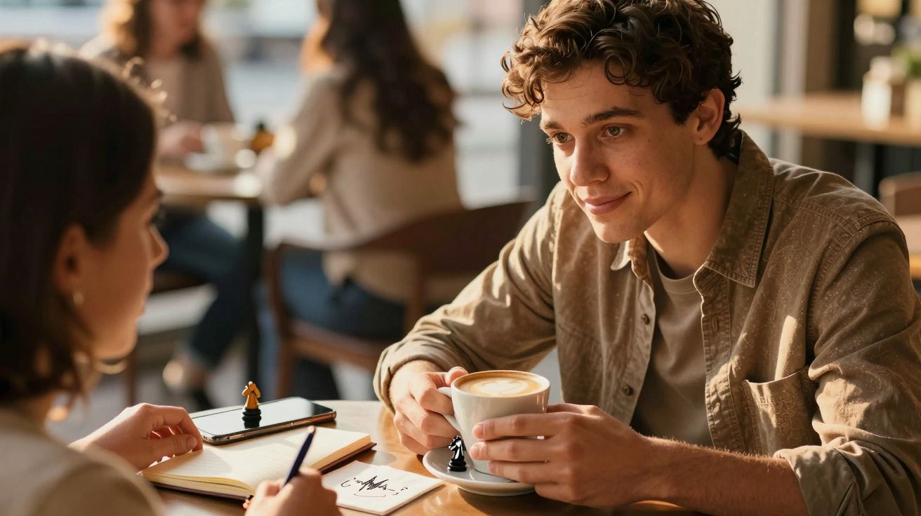 Jovem sorridente segura café enquanto conversa numa mesa de café, com xadrez e caderno ao lado.