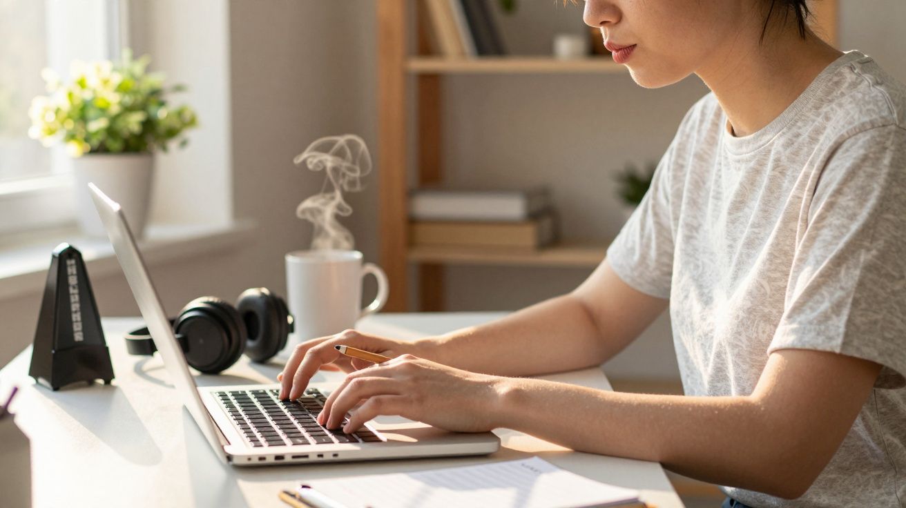 Mulher a trabalhar num portátil junto a uma janela, com fones, chávena e bloco de notas na secretária.