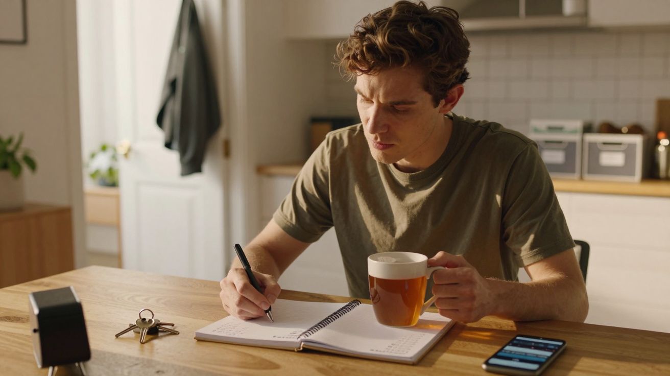 Homem sentado à mesa escrevendo num caderno e segurando caneca, com um telemóvel ao lado.