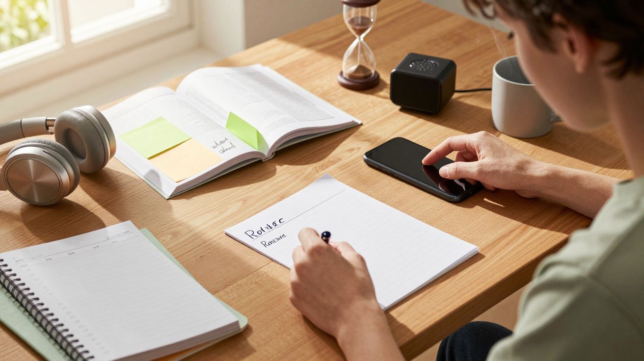 Pessoa estudando numa secretária com livros, caderno, telemóvel e ampulheta. Ao lado, auscultadores e chávena cinzenta.