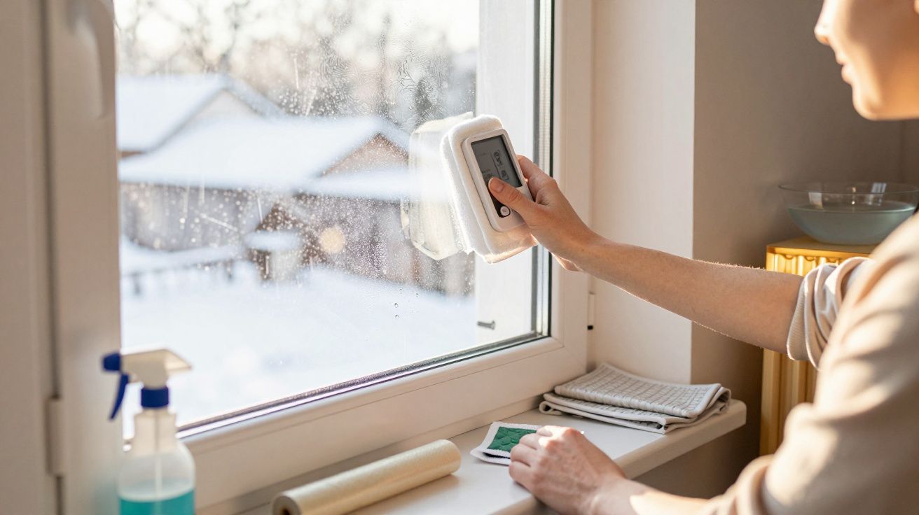 Pessoa a limpar janela com dispositivo robótico, vista de casas nevadas ao fundo.