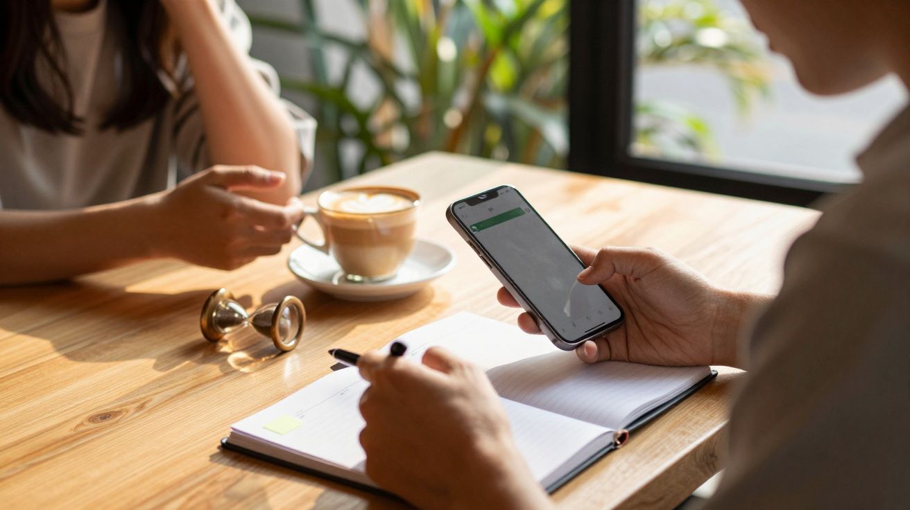 Duas pessoas conversam numa mesa de café, uma segurando um telemóvel e outra com uma caneta sobre um caderno aberto.