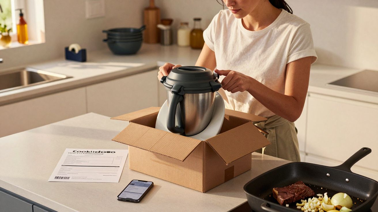 Mulher desembrulha um robô de cozinha em bancada de cozinha, com telemóvel e frigideira ao lado.