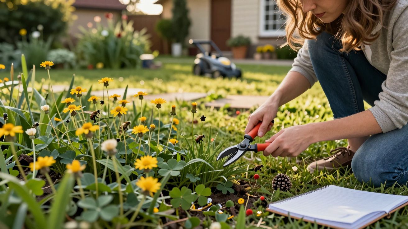 Mulher a podar flores num jardim com um caderno aberto ao lado. Ao fundo, um cortador de relva.