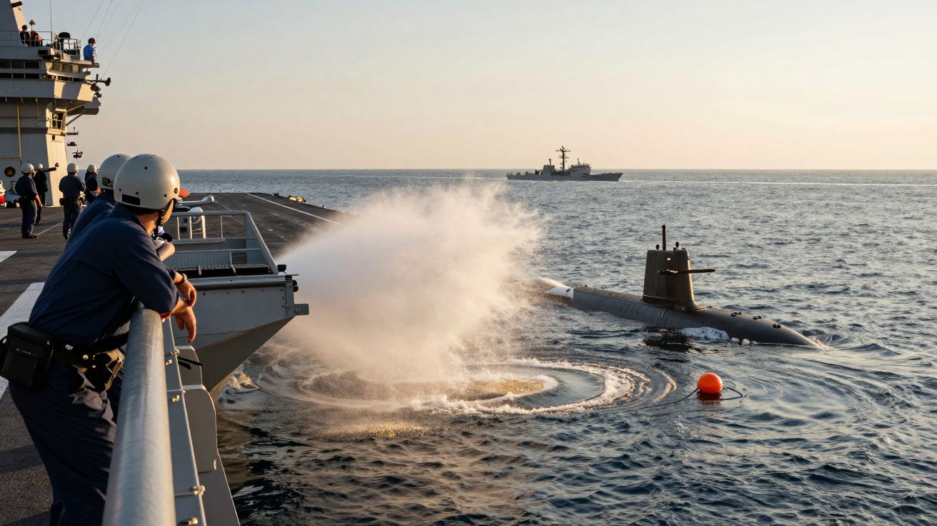 Pessoal da marinha observa submarino emergindo próximo a navio, com água a jorrar e navio ao fundo ao pôr do sol.