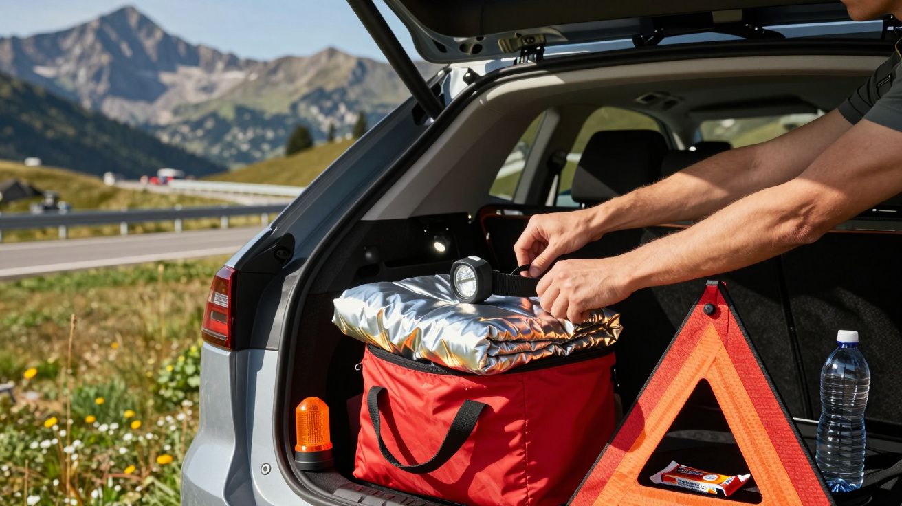 Porta-malas de carro aberto com bolsa vermelha, sinal de emergência, água e lanterna, com montanhas ao fundo.