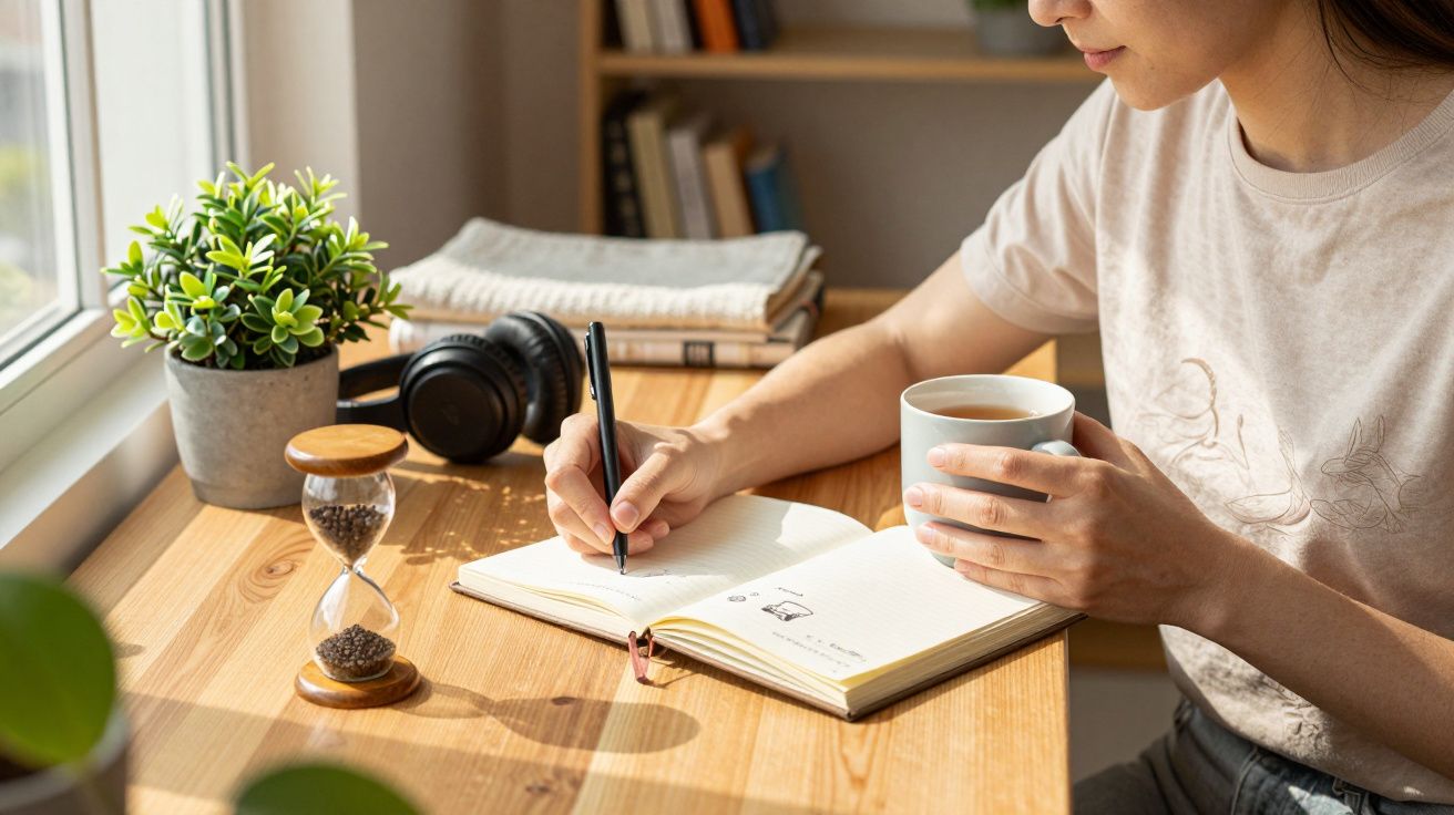 Mulher a escrever em caderno com caneta, segurando uma caneca, com ampulheta e plantas na secretária.