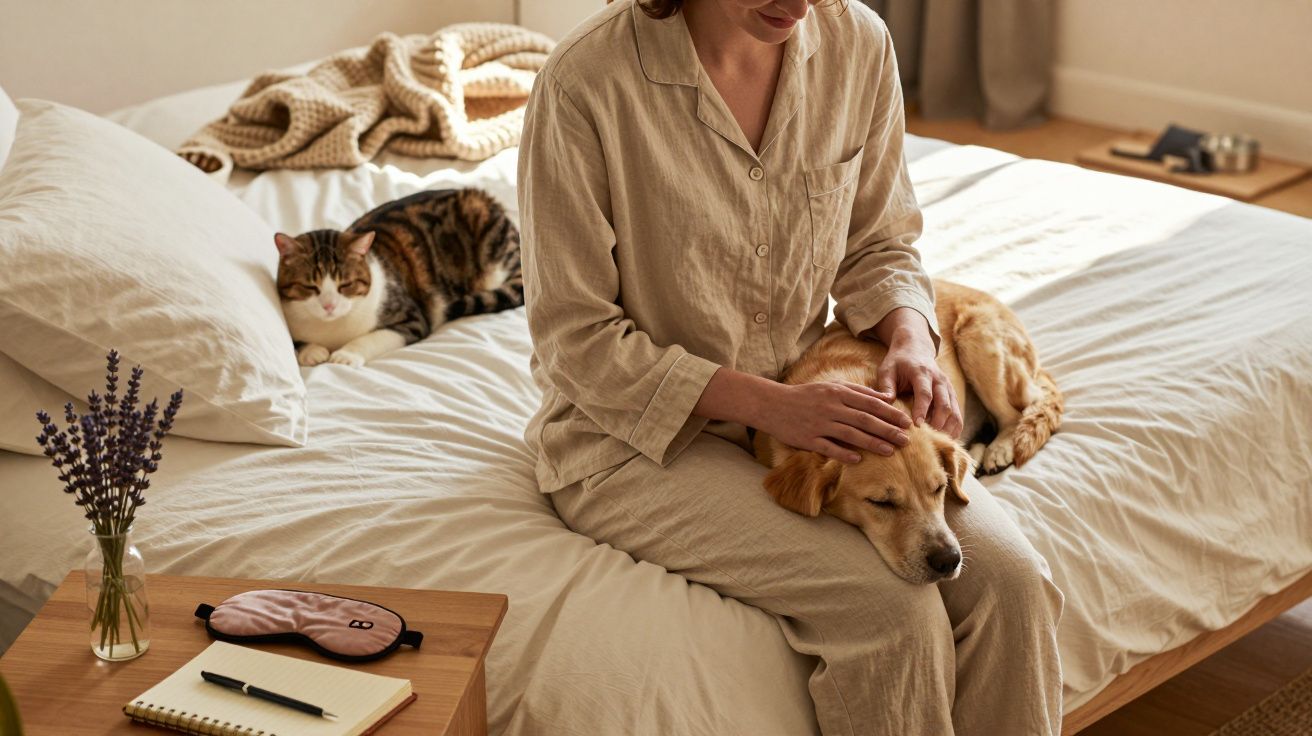 Mulher em pijama acaricia um cão deitado na cama; gato atrás dela. Notas e máscara no criado-mudo.