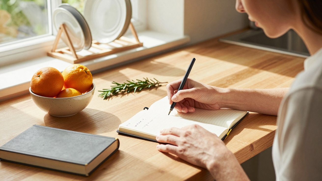 Pessoa escreve num caderno numa mesa de madeira, ao lado de uma taça com laranjas e um ramo de alecrim.