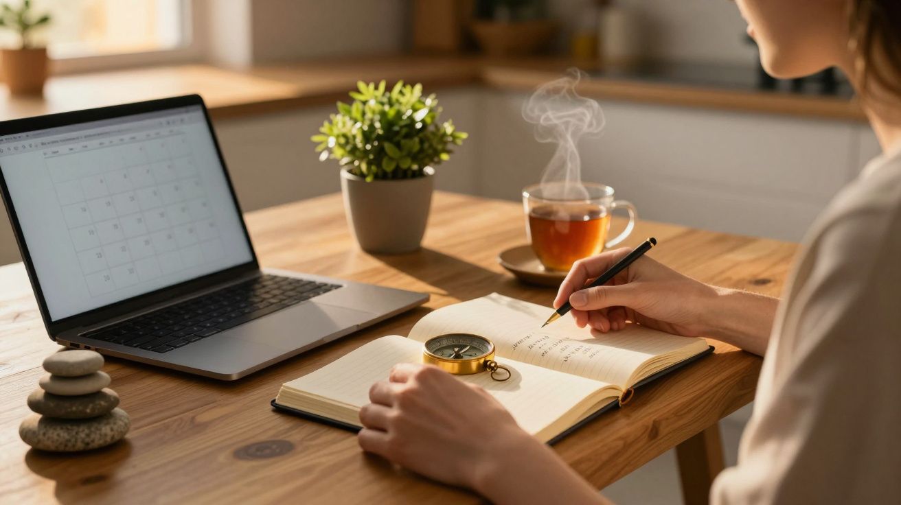 Mulher escreve num caderno numa mesa com chá, planta e portátil aberto com calendário.