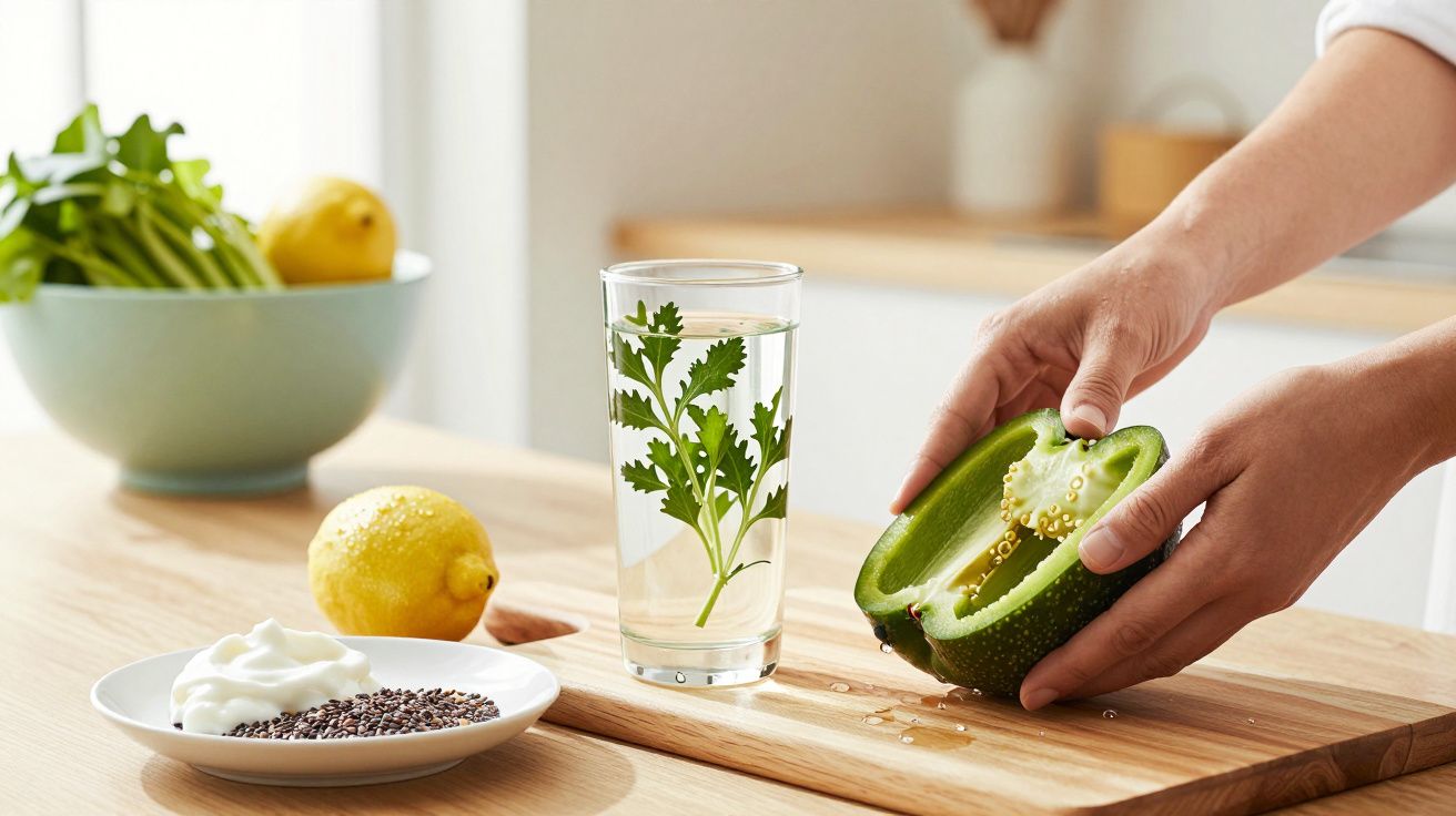 Mãos seguram pimento cortado sobre tábua, ao lado de copo de água e ingredientes como limão, iogurte e sementes.