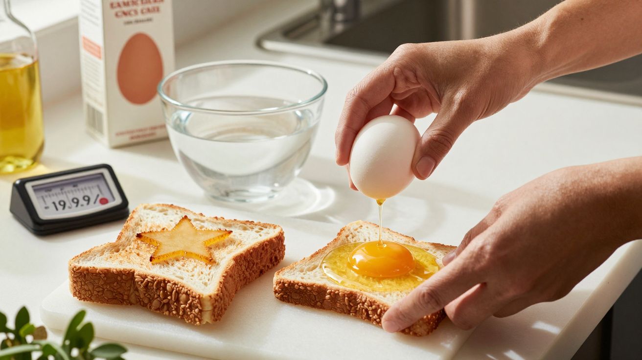 Mãos quebrando um ovo sobre fatia de pão com abertura em forma de estrela ao lado de outra fatia igual.