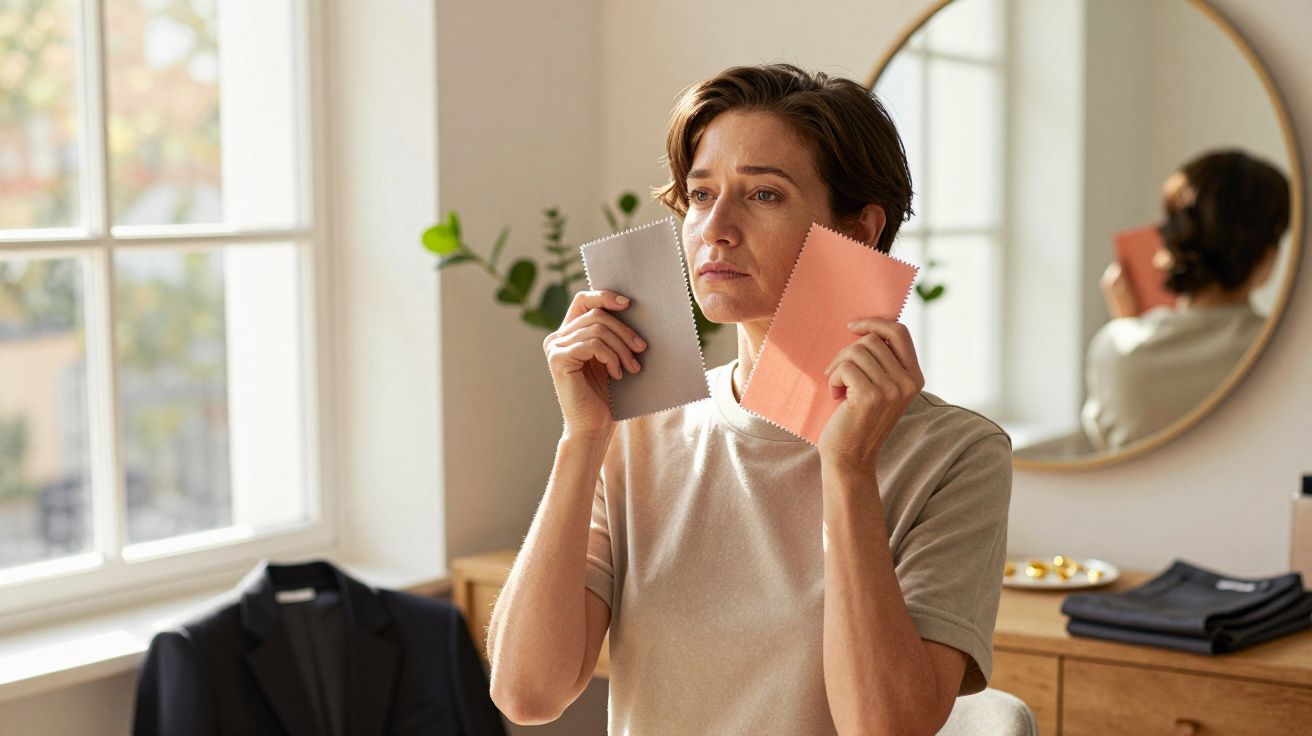 Mulher segura amostras de tecido cinza e rosa em frente ao rosto, numa sala com espelho e luz natural.