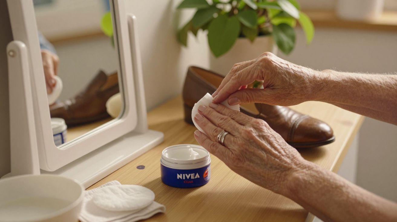 Mãos a aplicar creme Nivea em disco de algodão, perto de espelho e sapato castanho em mesa de madeira.