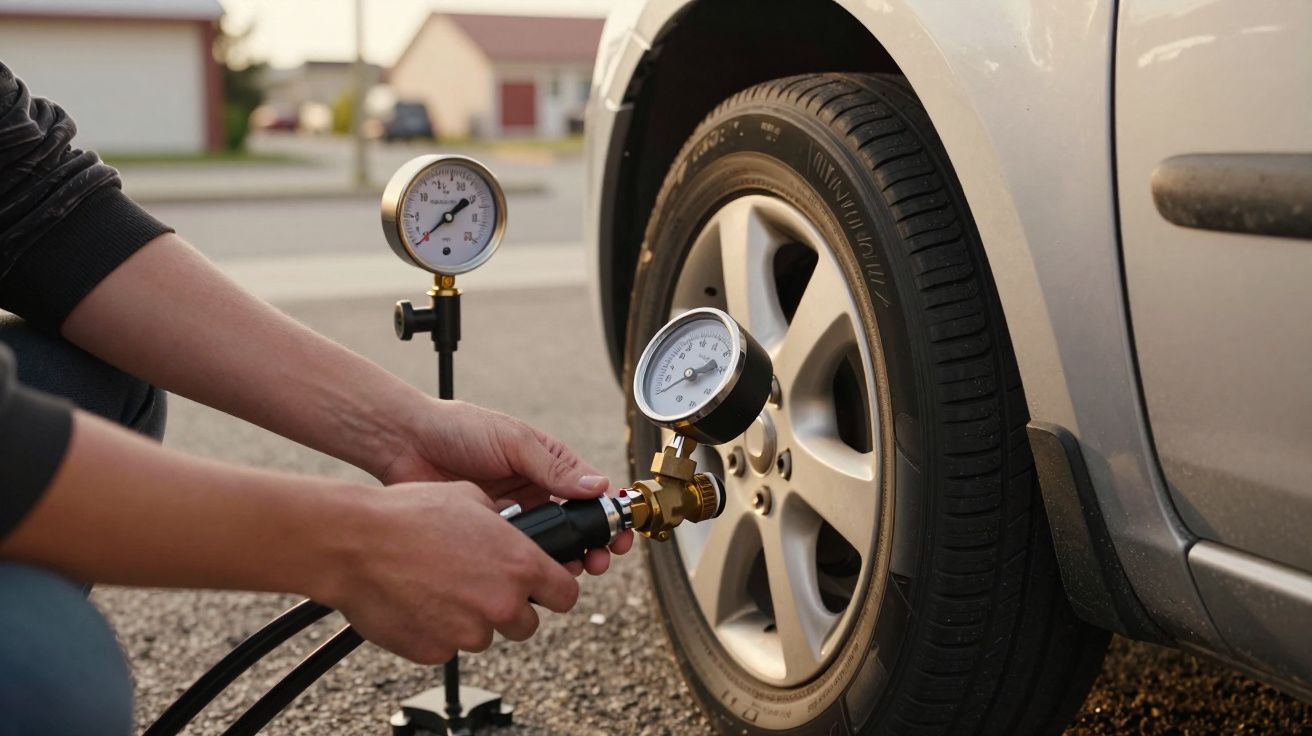 Pessoa verifica a pressão dos pneus de um carro prateado com um manómetro em ambiente residencial.