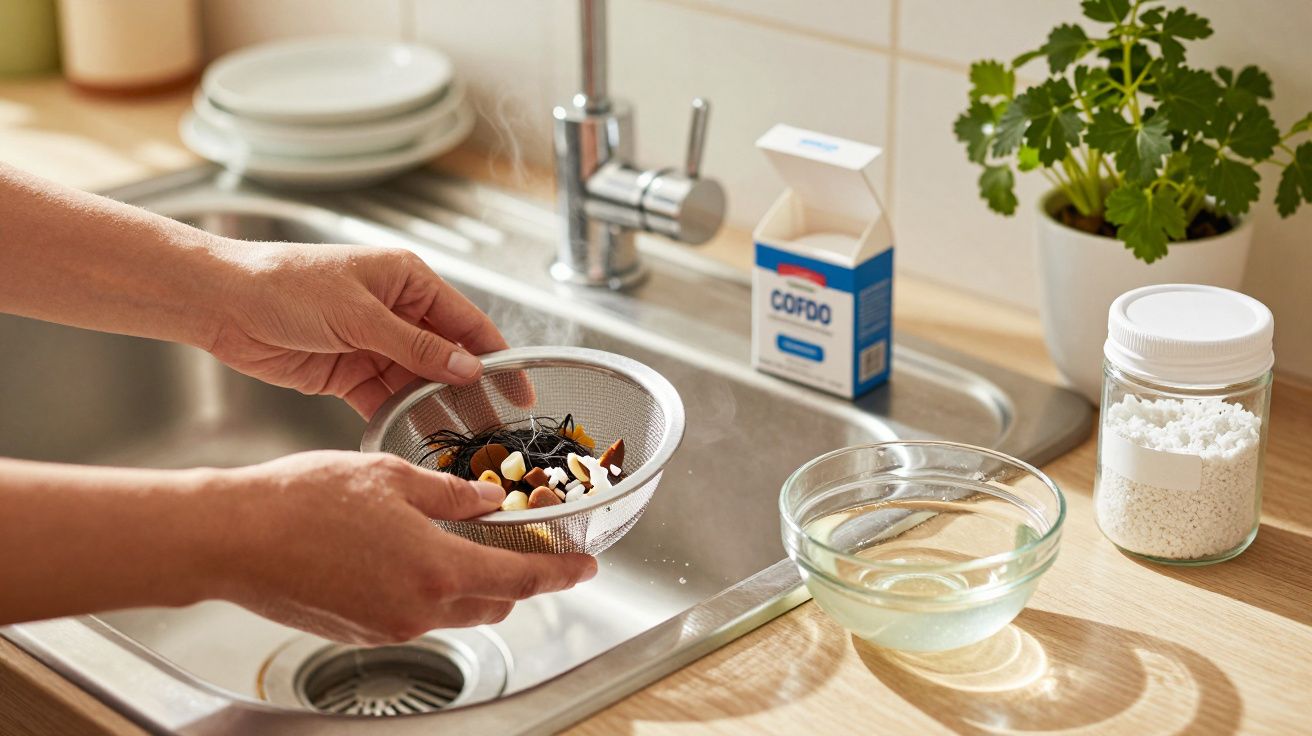 Mãos a lavar frutas secas numa peneira sobre a pia, ao lado de uma planta, copo com liquido e pacote azul.