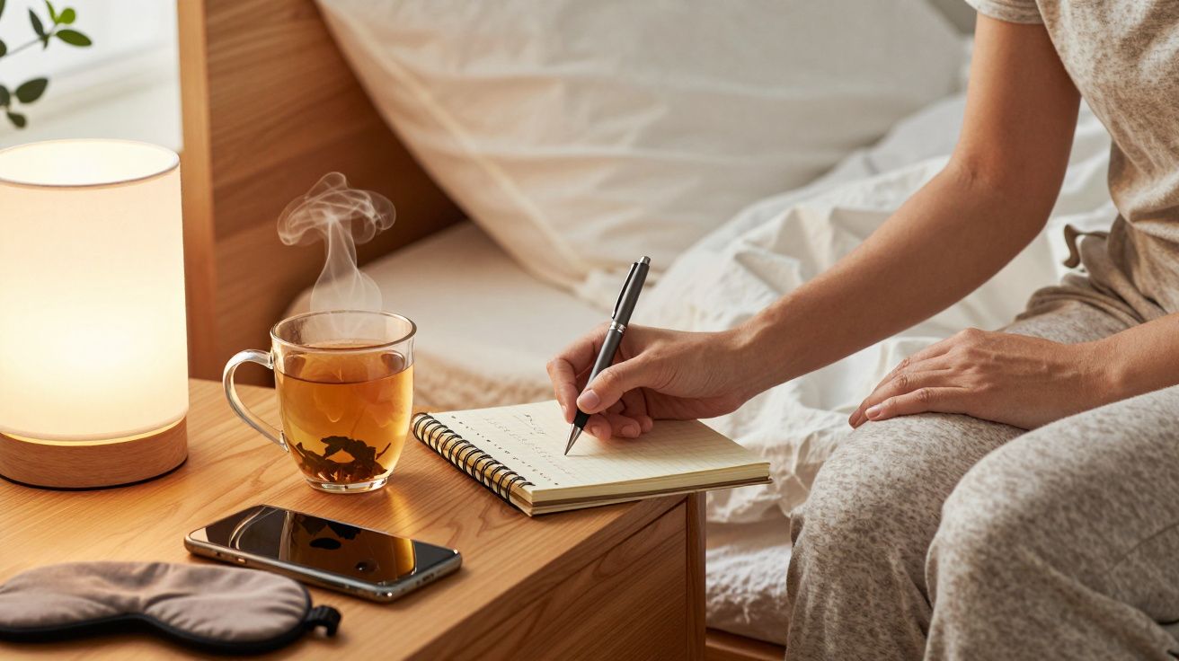 Pessoa escreve em bloco de notas, chá a fumegar, abajur aceso e smartphone sobre mesa de cabeceira.