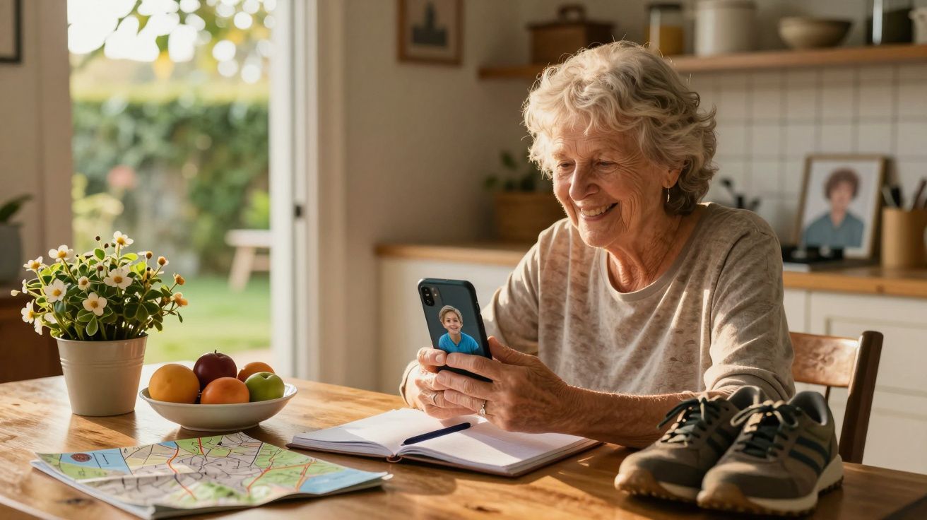 Mulher idosa sorridente faz videochamada à mesa, com mapa, caderno, fruta e ténis.