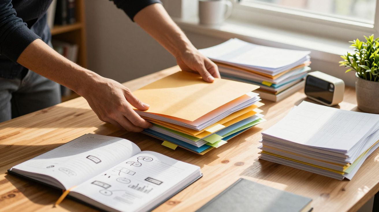 Pessoa a organizar documentos coloridos numa mesa de madeira com um livro aberto ao lado.
