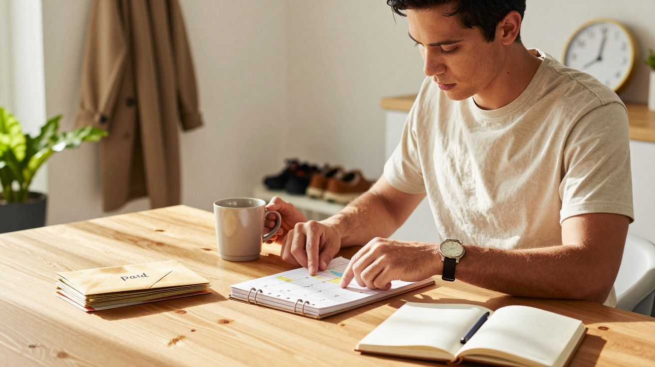 Homem analisando agenda à mesa com caderno, chávena e correspondência paga, num ambiente descontraído e iluminado.