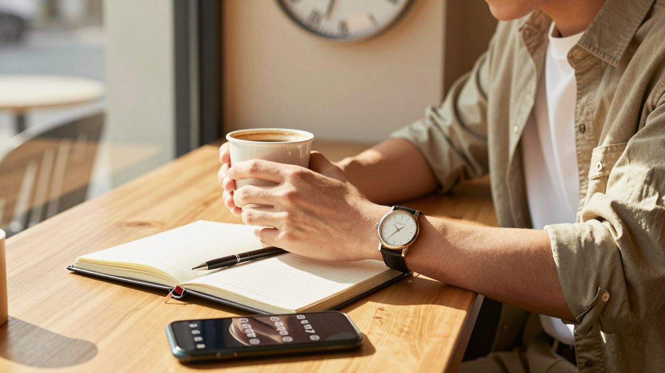 Homem segurando uma chávena de café junto a um caderno, caneta e telemóvel numa mesa de madeira.