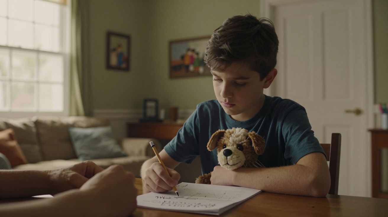 Rapaz escrevendo num caderno, segurando um peluche, sentado numa sala iluminada.