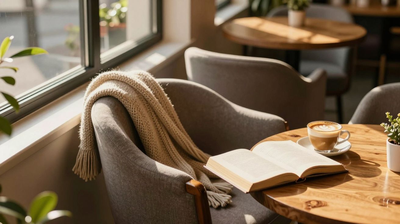 Cadeira com manta e livro ao sol numa mesa de madeira com chávena de café e planta.