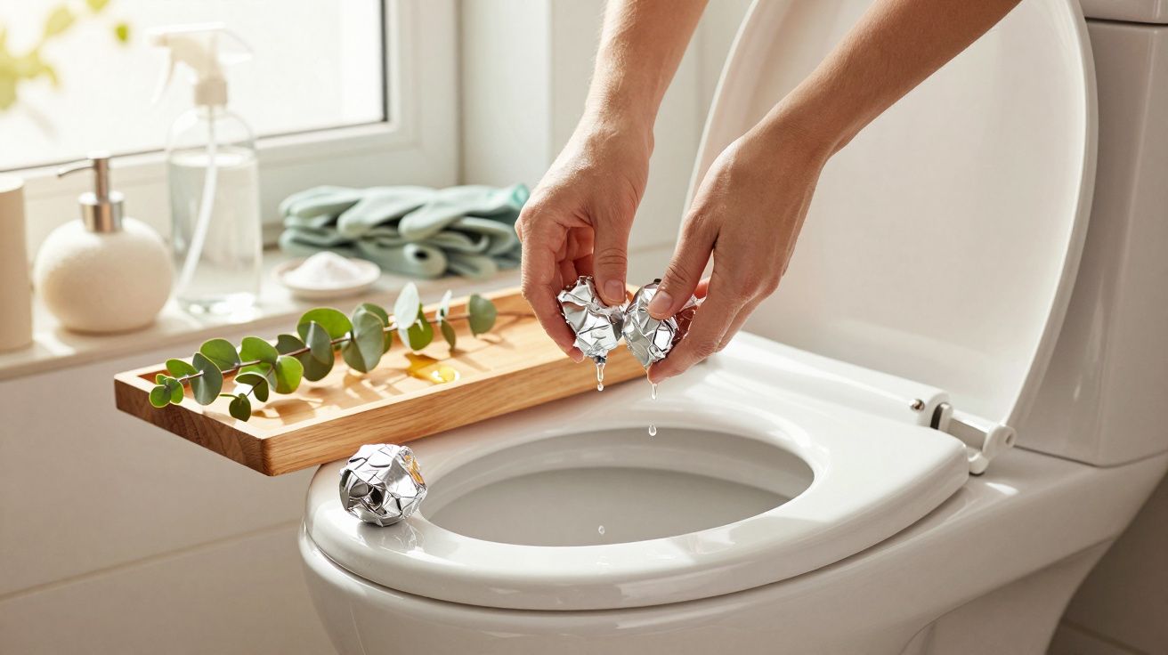 Mãos seguram bolas de papel alumínio sobre um vaso sanitário, com uma bandeja de madeira com plantas ao lado.