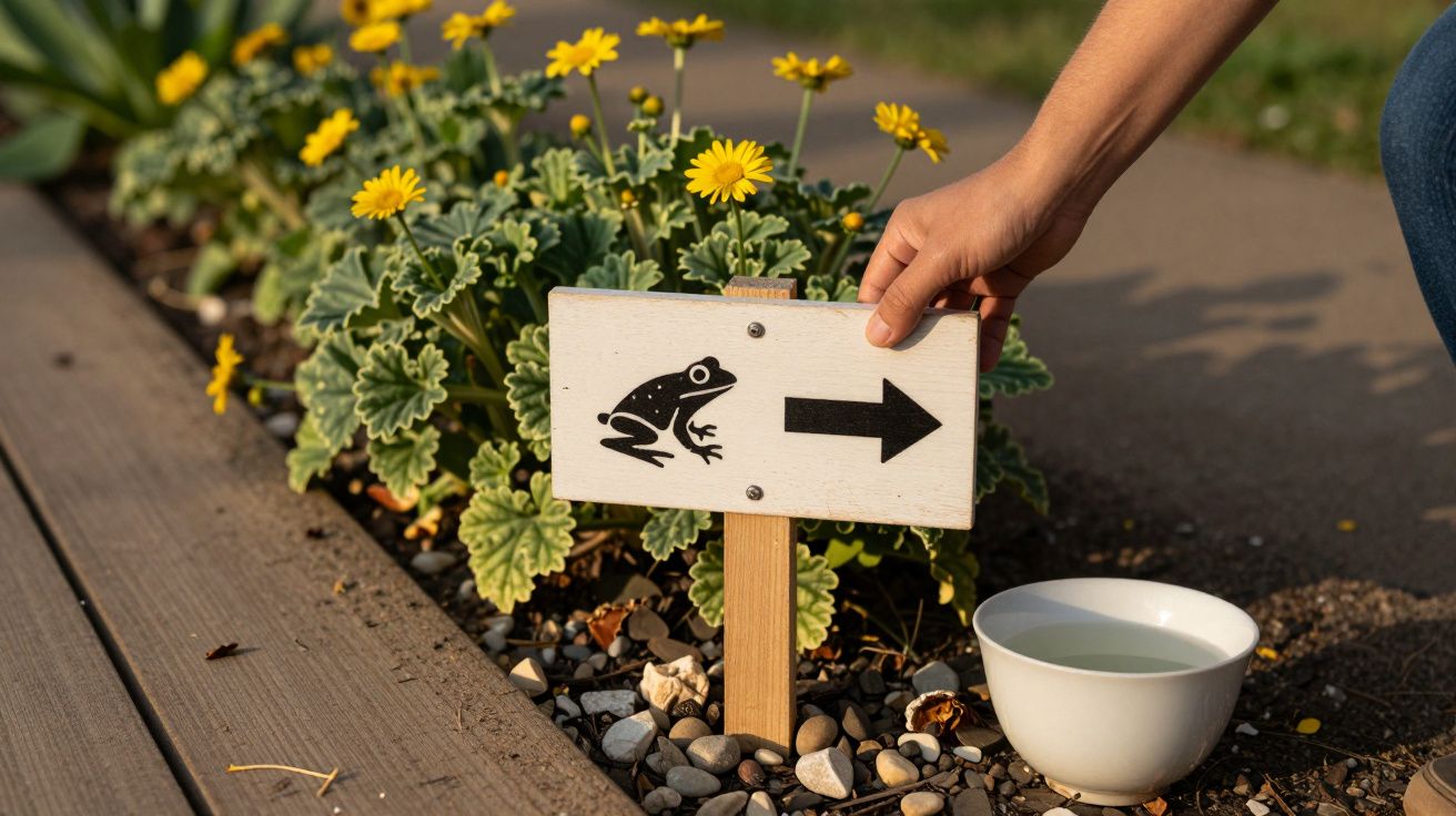 Mão a colocar uma placa com um sapo e seta num jardim com flores amarelas.