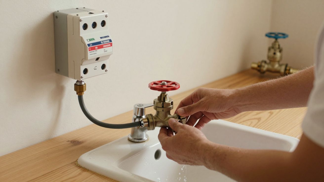Pessoa ajusta válvula de gás ligada a um dispositivo de segurança numa cozinha com bancada de madeira e lava-loiça brancos.
