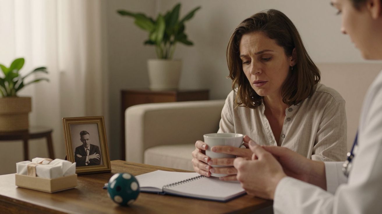 Mulher triste segura chá, sentada em frente a médico, ao lado de mesa com foto, caderno e presente.