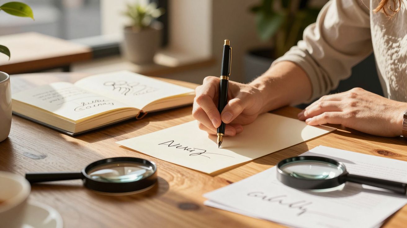 Pessoa a assinar um documento em mesa de madeira, com lupas e livro aberto ao lado, iluminada por luz natural.