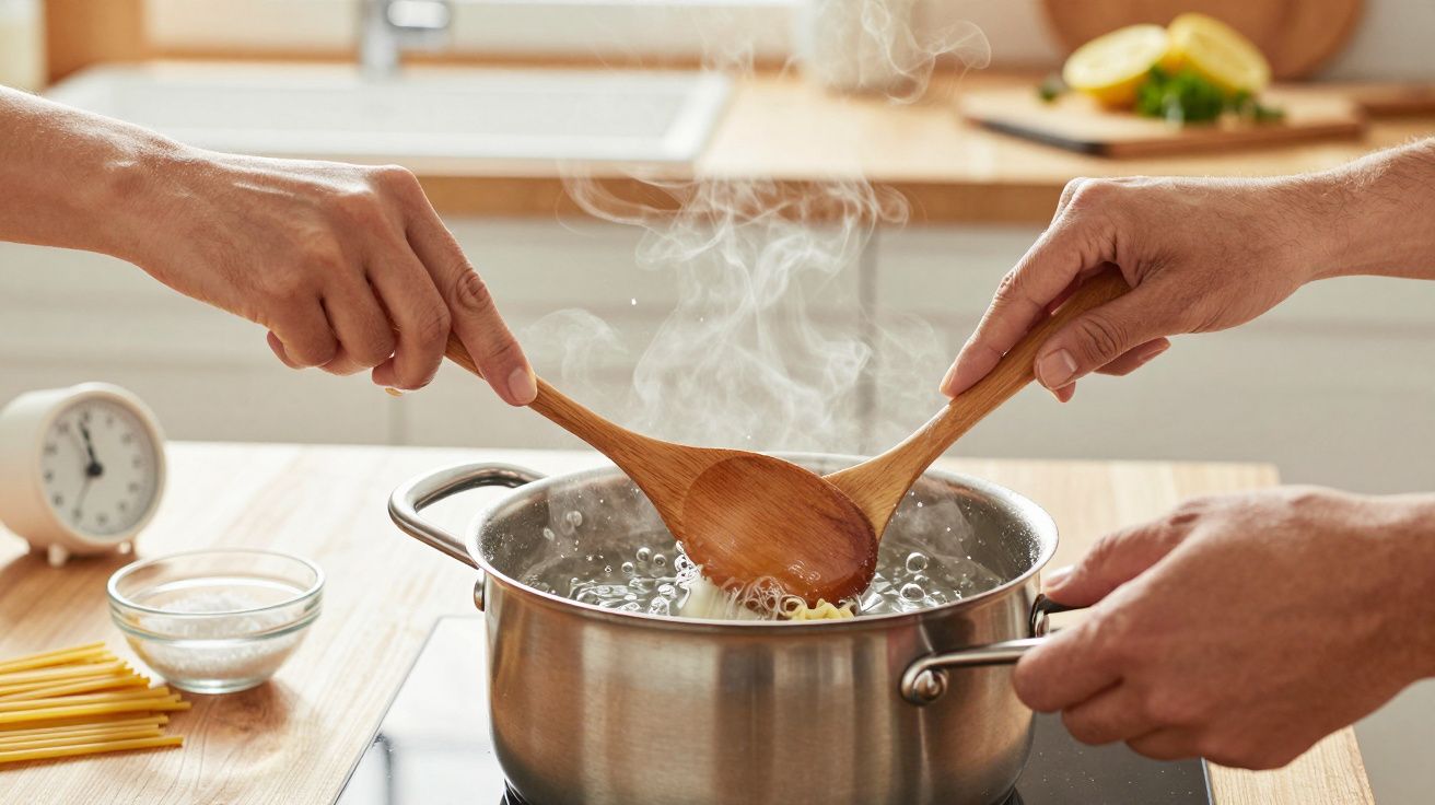 Duas mãos mexem massa a ferver numa panela de aço inoxidável na cozinha, com vapor a subir.