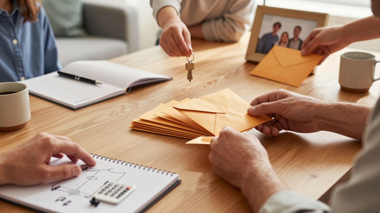 Pessoa entrega chaves sobre a mesa com envelopes, caderno e chávenas, simbolizando uma transação imobiliária.