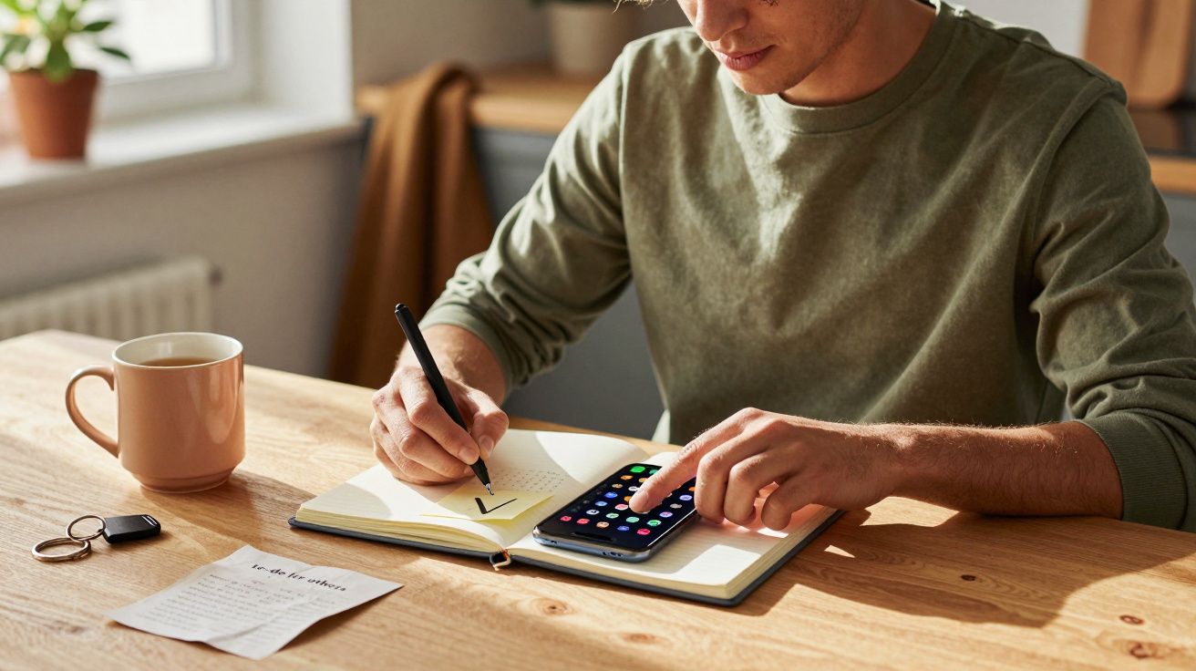 Homem sentado à mesa a tomar notas num caderno com um smartphone ao lado.