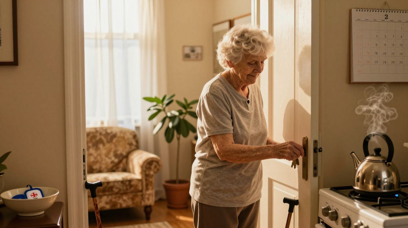 Idosa com bengala na cozinha, ao lado de um bule fumegante. Ambiente iluminado por luz natural.