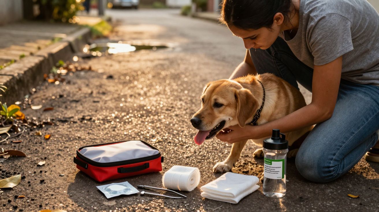 Mulher a cuidar de um cão ferido na rua, ao lado de um kit de primeiros socorros e garrafa de água.