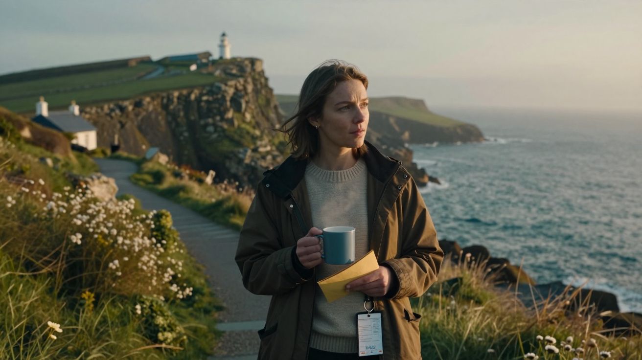 Mulher com caneca, perto de penhasco e farol, olhando o mar ao entardecer.