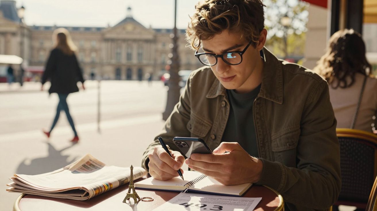 Jovem sentado em café ao ar livre, usa telemóvel e escreve em caderno, com miniatura da Torre Eiffel à frente.